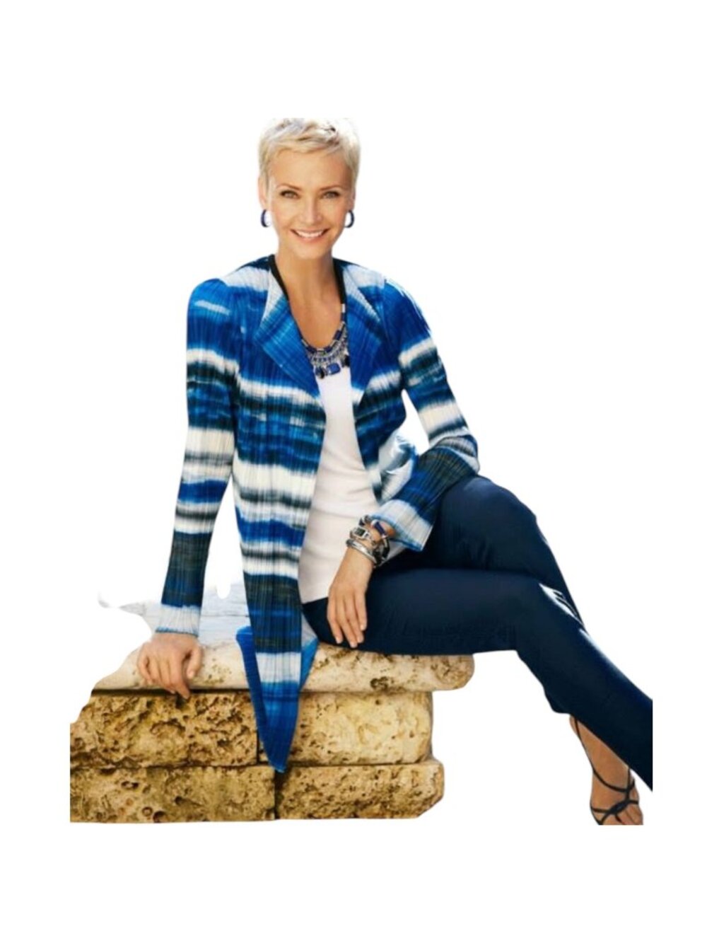 Chico’s Collection Ocean Stripe Jacket, Blue Indigo Open Crinkle Women's Size 3